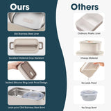 Comparison chart showing the advantages of "Ours" 304 stainless steel leak-proof bento box versus "Others" ordinary plastic containers that are not leak-proof.