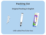 Packing list with USB cable, pen, and color box
