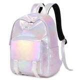 Holographic purple kids school bag NZ β iridescent girls backpack with front pocket and padded straps.