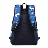 Back view of Happy Kid blue unicorn school backpack – padded shoulder straps and breathable back panel.