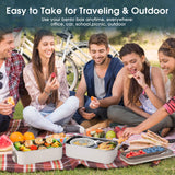 Group of friends enjoying an outdoor picnic, with the large 2L bento box displayed prominently on the picnic blanket filled with food.