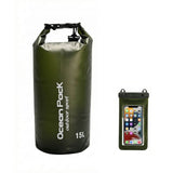 15L Army Green waterproof dry bag Ocean Pack with phone pouch for camping and hiking.