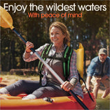 Woman kayaking on a river wearing a yellow waterproof dry bag backpack to keep gear dry.