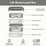 Exploded view diagram of the 2L bento box showing all components including transparent lid, silicone rings, stainless steel containers, and sturdy outer shells.