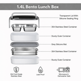 Exploded view diagram of the 1.4L bento box showing all components including transparent lid, silicone rings, stainless steel containers, and sturdy outer shells.