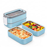 Blue double-layer stainless steel lunch container set, opened to display the food trays and capacity.