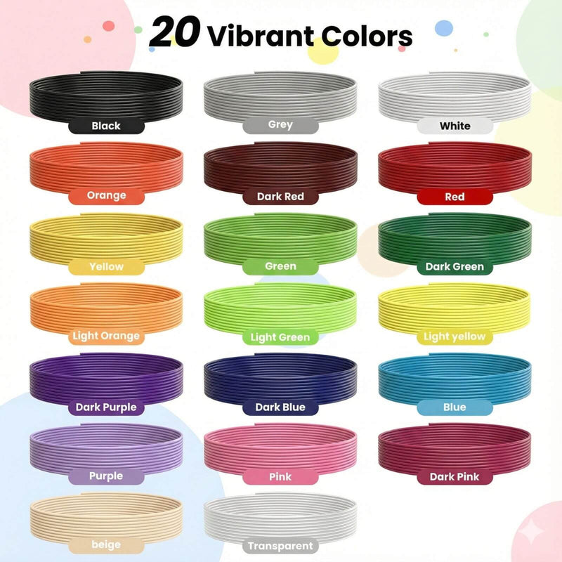 Happy Kids 3D pen filament 20 vibrant colors list including black white red blue green pink transparent and beige PLA refills