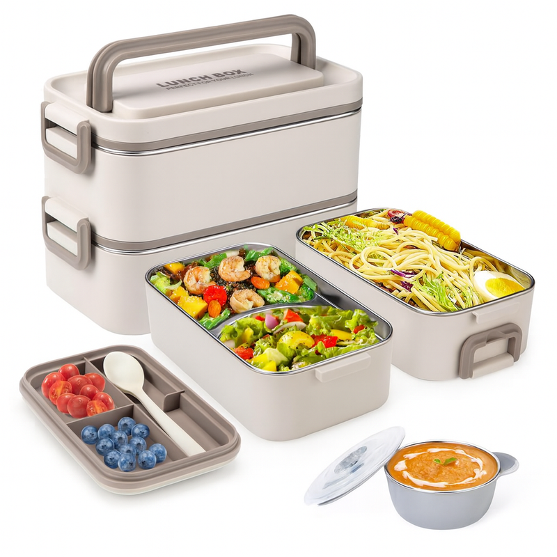 Complete set of cream white 2-tier stainless steel bento box showing open containers with pasta and salad, a soup bowl, and a cutlery layer with a spoon