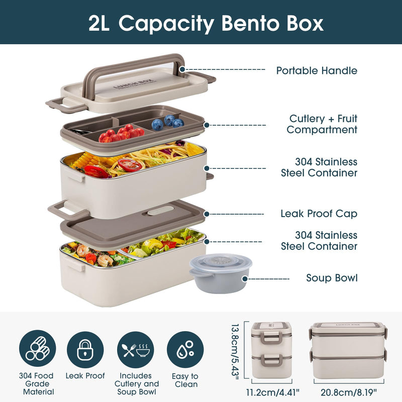 Exploded view diagram of the 2L large capacity lunch box, detailing the portable handle, cutlery compartment, two 304 stainless steel layers, leak-proof caps, and soup bowl size specifications.