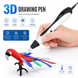 3D Drawing Pen for kids with PLA & ABS dual modes — safe to use, adjustable temperature, one-key operation. Shown drawing a colourful 3D parrot