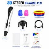 What's in the box — 3D printing pen, finger stall thimbles, sample PLA filament, pen holder, USB cable, drawing board, user manual, 12-pattern guide