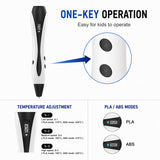 One-key operation for kids — three speed modes (S-1/S-2/S-3) with PLA mode (175–195°C) and ABS mode (200–220°C) for adjustable-temperature 3D drawing