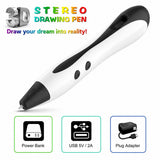 3D Stereo Drawing Pen power options — works with a power bank, USB 5V/2A, or wall plug adapter for portable creative drawing anywhere