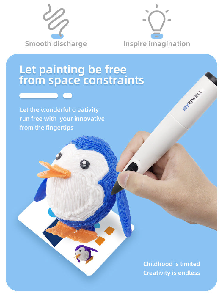 3D pen being used to create a penguin model with text about creativity and freedom of expression.