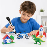 Young boy using a 3D printing pen to create colourful 3D models — house, bicycle, dinosaur and rocket — showcasing the Happy Kid 40-colour PLA filament bundle for kids ages 8+
