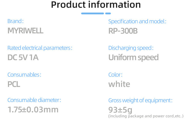 Product information card for MYRIWELL RP-300B with specifications 