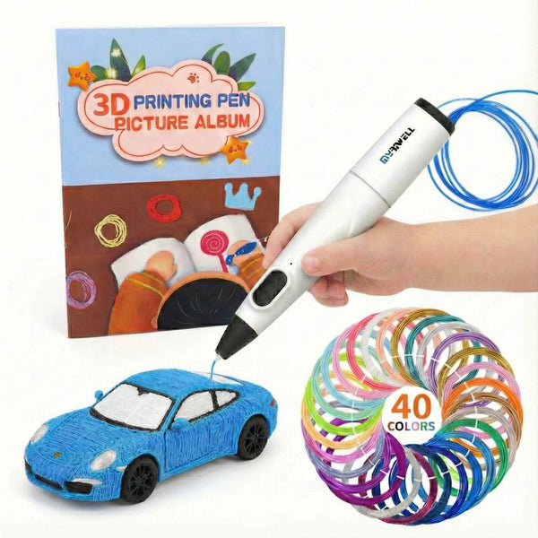 A child's hand holding a white 3D printing pen, creating a blue wireframe toy car with blue filament. The scene includes a "3D PRINTING PEN PICTURE ALBUM" book in the background and a coil of 40-color multi-colored filaments in the foreground.