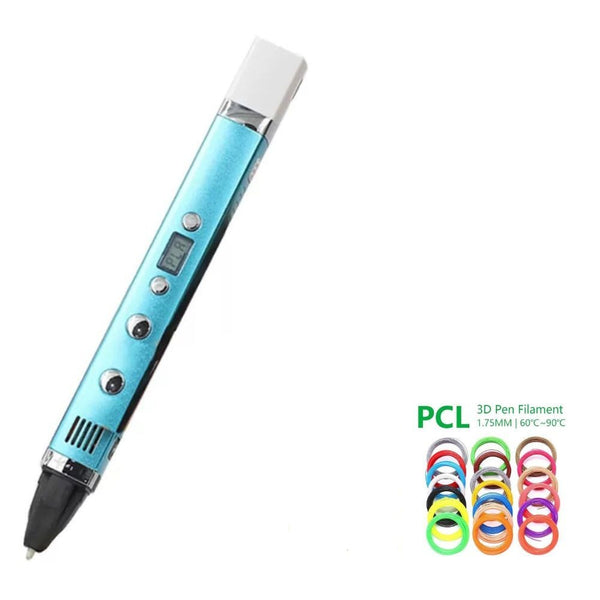 Blue 3D printing pen displayed with 10-color PCL filament pack
