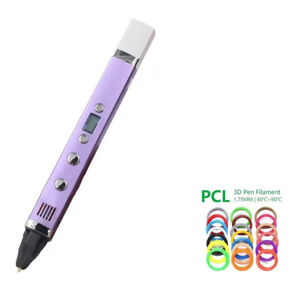 Purple 3D printing pen shown with 20-color PCL filament pack
