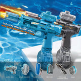 Dual set of electric water guns in blue and grey firing with dynamic water splashes, perfect for summer outdoor battles.