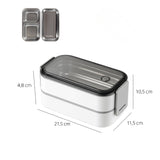 Product dimension chart of the bento box showing length 21.5cm, width 11.5cm, and height 10.5cm with a cutlery storage lid.