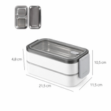 Product dimension chart of the bento box showing length 21.5cm, width 11.5cm, and height 10.5cm with a cutlery storage lid.
