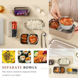 Bento box lid featuring a built-in mobile phone stand and separate stainless steel food compartments with a leak-proof soup bowl.