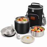 Black 1200ml insulated food jar lunch set from Happy Kid NZ - stainless steel jar with removable inner bowl, folding spork and matching black insulated lunch bag