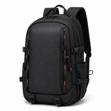 Black waterproof school backpack — angled view showing structured shape