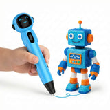 Blue kids cordless 3D printing pen held in a small hand creating a robot figure