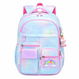 Blue pastel galaxy school backpack for girls with unicorn charm — front view, Happy Kid NZ