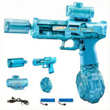Transparent blue electric water gun kit display showing the blaster, high-capacity drum magazine, rechargeable batteries, and tactical scope accessories