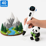White cordless kids 3D pen with 40-colour PCL filament set — child drawing a panda and snow-capped mountain scene
