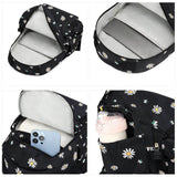 Girls daisy school bag NZ showing large main compartment, inner sleeve, front pocket and side bottle pocket