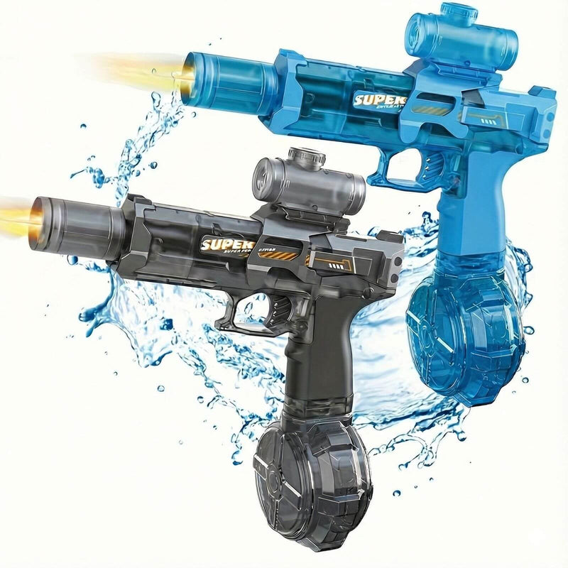 Two water guns, one blue and one black, with water splashes on a white background.