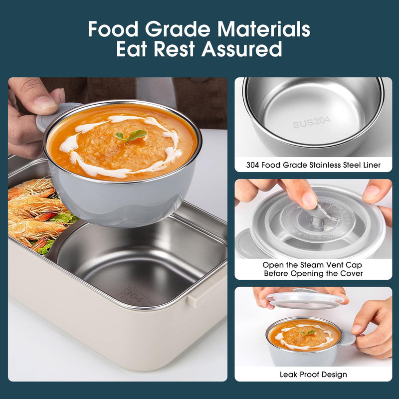 Close-up details of the food-grade SUS304 stainless steel liner, the steam vent cap on the soup bowl, and a demonstration of the leak-proof design.