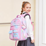 Girl wearing the pastel galaxy school backpack — sized for primary and intermediate school