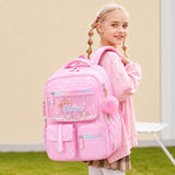 Girl wearing the pink sequin school backpack — sized for primary and intermediate school