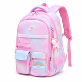 Girls school bag NZ — angled view showing side bottle pocket and unicorn charm