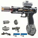Smoke grey tactical electric water gun set with transparent casing, displaying the realistic LED fire effect silencer, drum mag, and battery components.