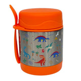 Dinosaur print 300ml kids insulated food jar from Misanbroo NZ — stainless steel lunch container with orange lid and folding spoon