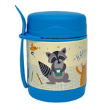 Forest Friends 300ml kids insulated food jar from Misanbroo NZ — cream body with raccoon, cat and bird, blue lid and folding spoon