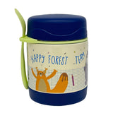 Happy Forest Team 300ml kids insulated food jar from Misanbroo NZ — cat and squirrel design, navy lid, green folding spoon
