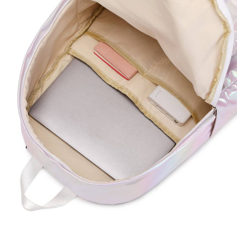 Inside of Happy Kid holographic purple school backpack showing laptop compartment and organizer pockets.