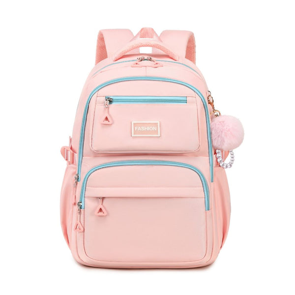 Happy Kid pink school backpack front view – cute girls school bag NZ with pom pom charm.