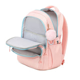 Inside of Happy Kid pink school backpack – spacious storage for books and stationery.