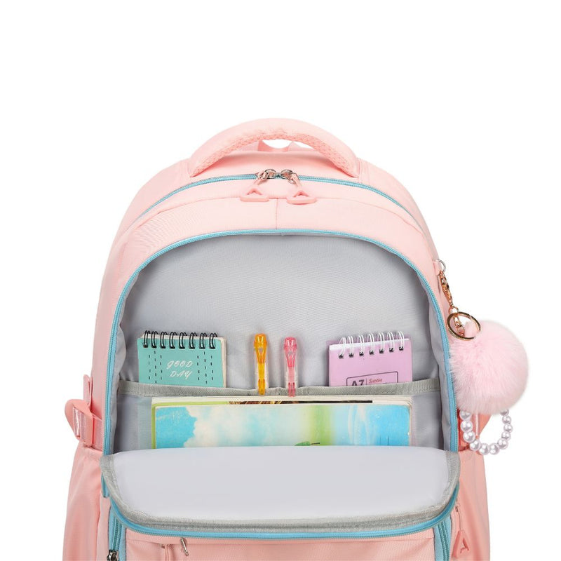 Top pocket of pink school bag – ideal for storing small essentials.