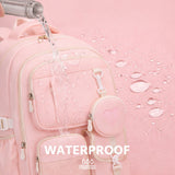 Water-resistant pink school bag protecting contents from rain and spills