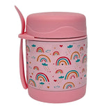 Pink boho rainbow 300ml kids insulated food jar from Misanbroo NZ — rainbow print with hearts and clouds, pink lid and folding spoon