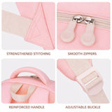 School bag quality details including smooth zippers, reinforced handle and adjustable buckle